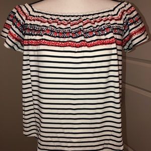 Off the shoulder, embroidered knit top